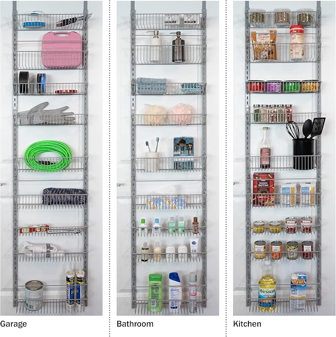 Home-Complete Over the Door Organizer - 9-Tier Hanging Wall Rack for Bathroom or Kitchen Organization - Pantry Organization and Storage (Platinum)