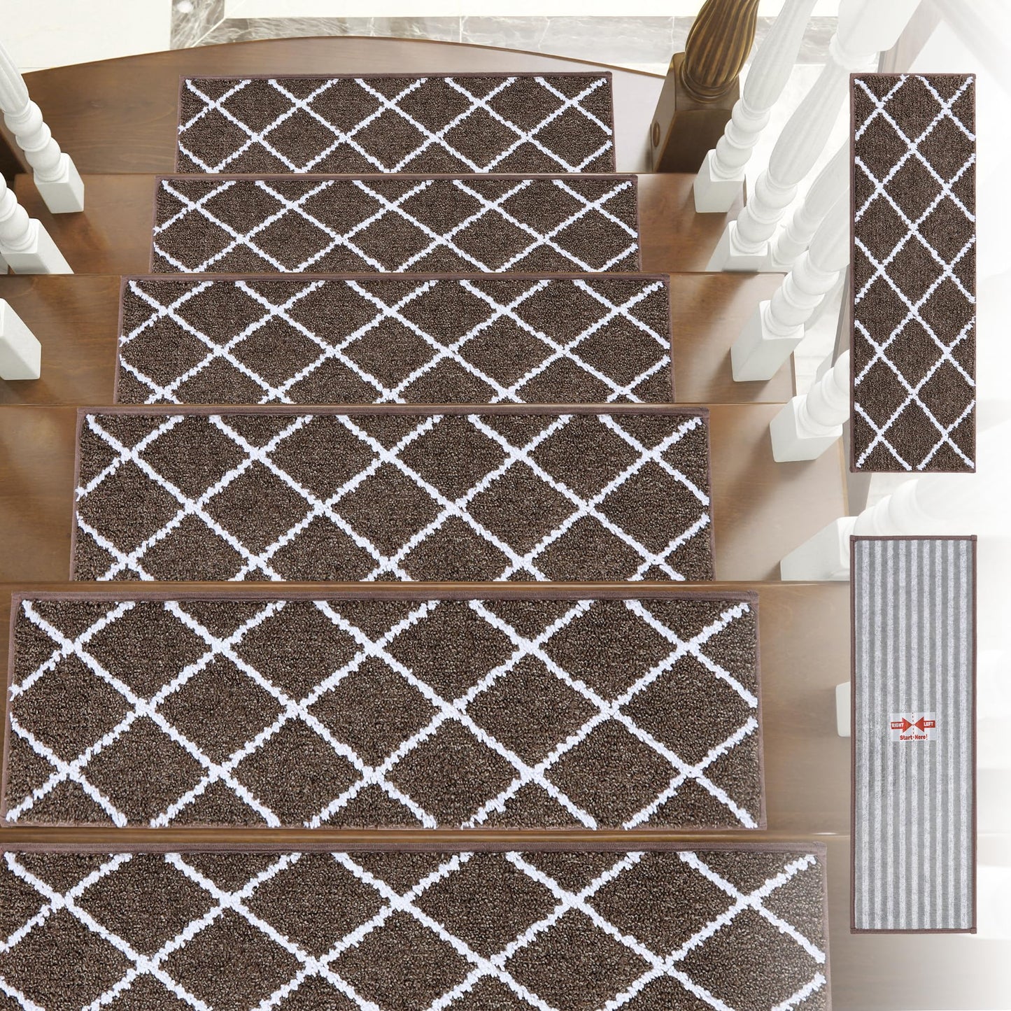 Non-Slip Stair Treads for Wooden Steps Indoor, 15 Pack 9" X 28" Edging Stair Carpet Mat with TPE Backing, 0.4" Thick Stair Runners for Kids Elders & Pets, 100% Polyester Stair Rugs, Brown&White