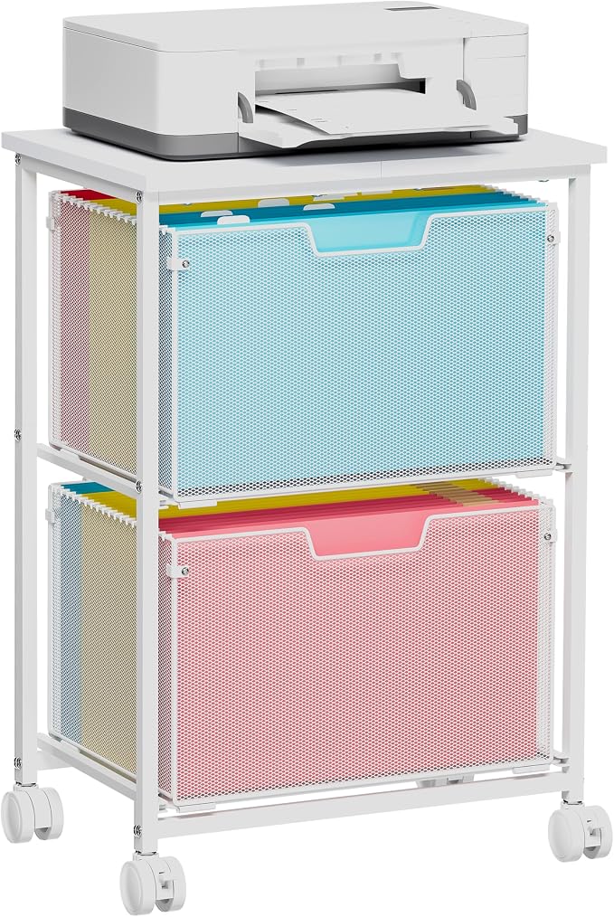 Sbanmao Letter/Legal Rolling File Cabinet, Rolling File Cart with 2 Drawers Filing Cabinet for Home Office, Hanging File Folders Organizer for Under Desk Storage, Mobile Printer Stand, White