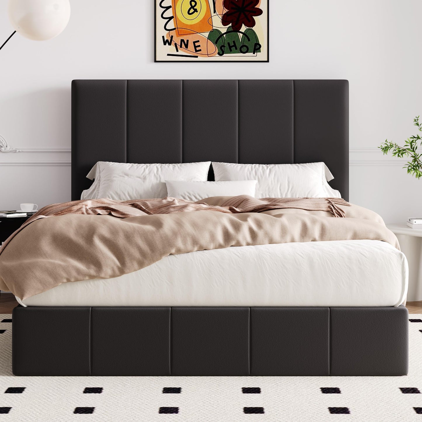 Allewie Full Size Velvet Lift Up Storage Bed Frame, Vertical Channel Tufted Headboard, Hydrualic Underneath Storage, Upholstered Platform Bed, Wooden Slats Support, No Box Spring Needed, Black
