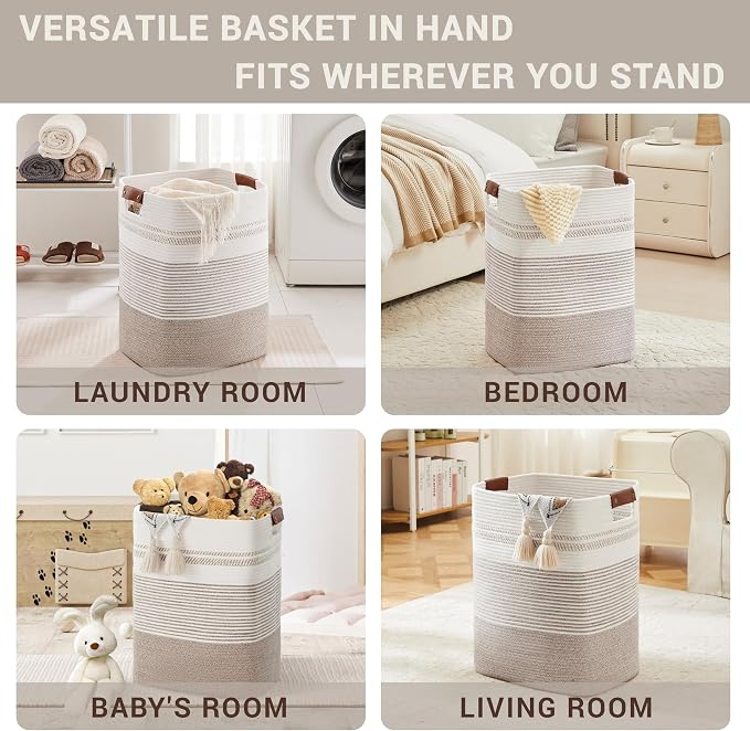 75L Tall Laundry Hamper with Handles for Living Room Storage, Large Woven Rope Baskets Bin for Blanket, Kids Toy, Gifts, Wicker Hamper for Bedroom Dirty Clothes, 16"x13"x22" White Brown