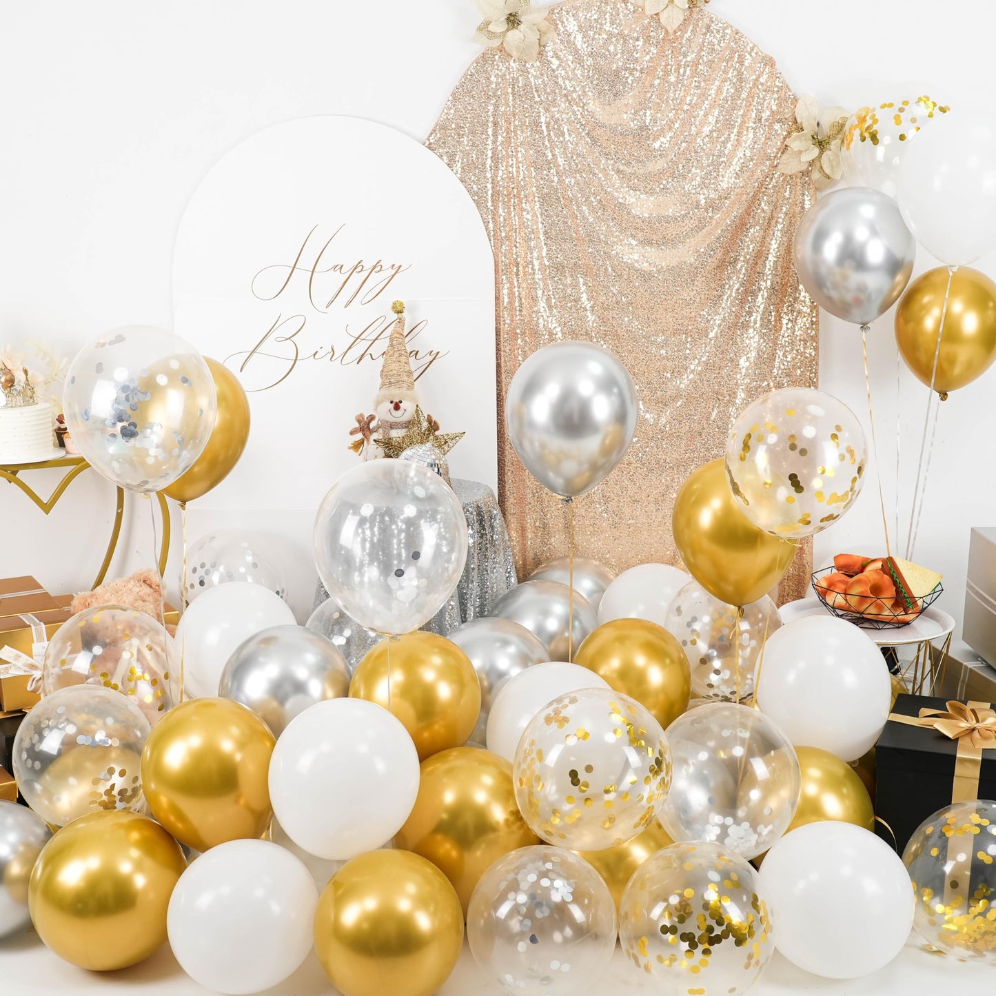 Paready Gold and Silver Latex Balloons, 60 Pcs 12 Inch Metallic Gold Silver and White Confetti Balloons for Birthday Baby Shower Engagement Anniversary Wedding Bridal Shower Graduation Decoration