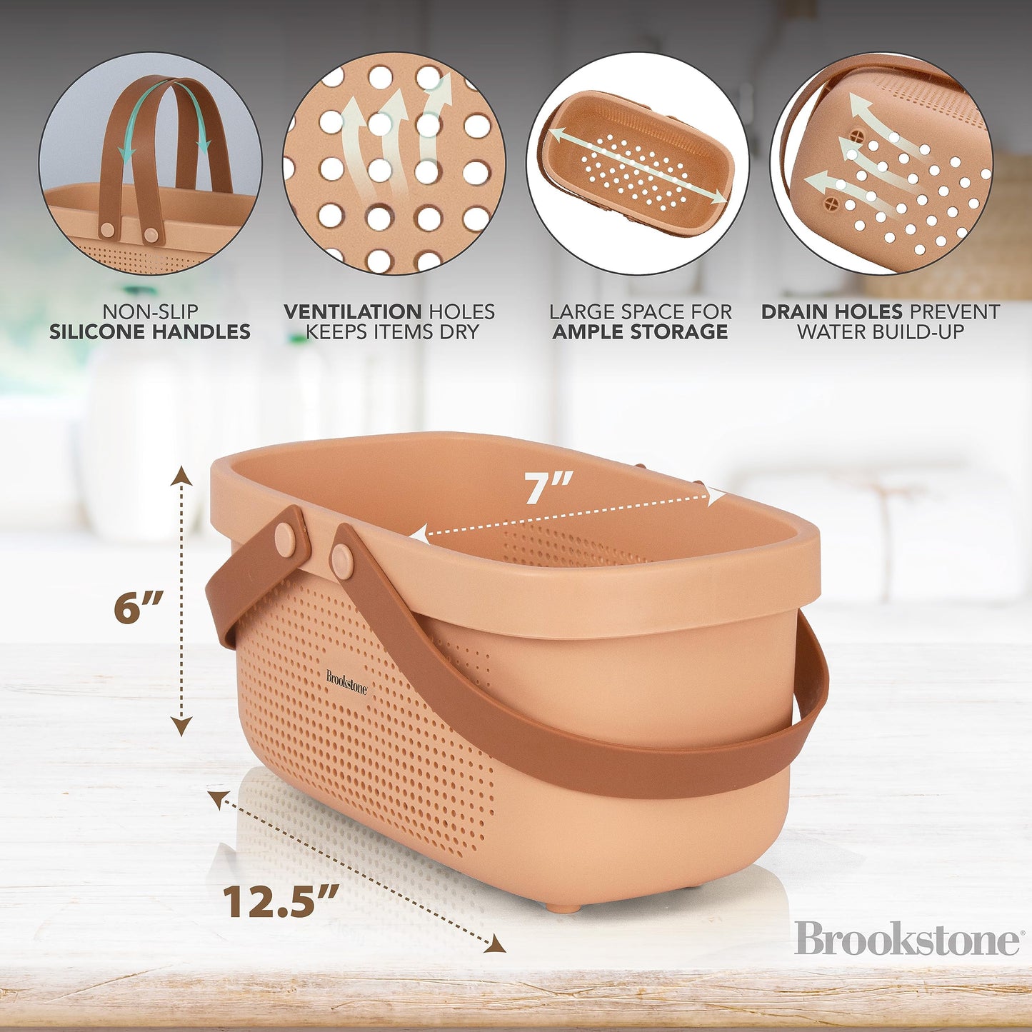 Brookstone Modern Large Portable Shower Caddy with Soft Silicone Carrying Handle, Bathroom Organizer Basket, Plastic Bath Tote and Shower Organizer, Quick Dry Drainage Holes, BPA Free, Blush