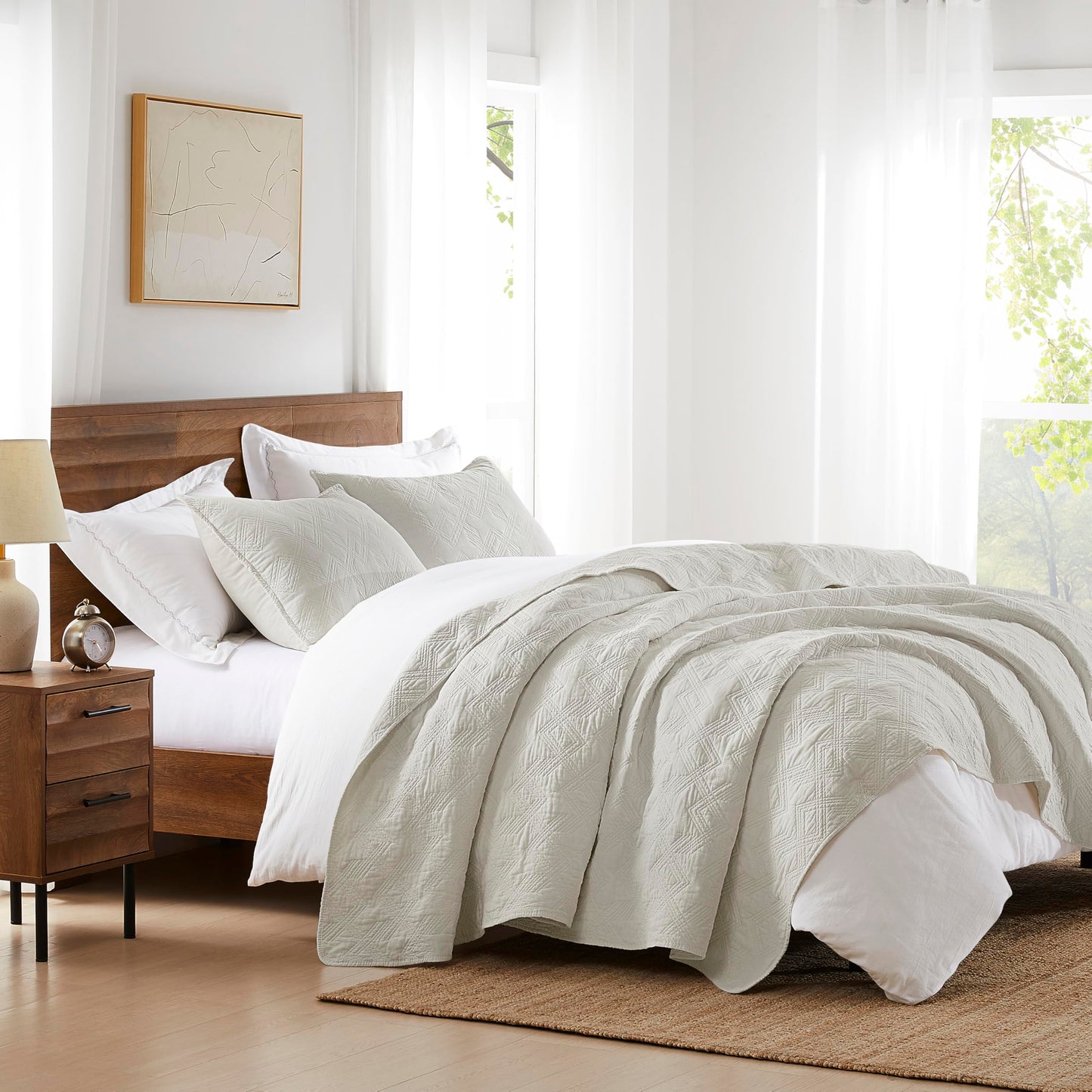 WDCOZY 100% Cotton Queen Size Quilt Set - Beige Pre-Washed Soft Lightweight Modern Bedspread, Farmhouse Country Rustic Coverlet, Textured Like Linen, Shabby Chic Gauze Bedding, 3 Pieces