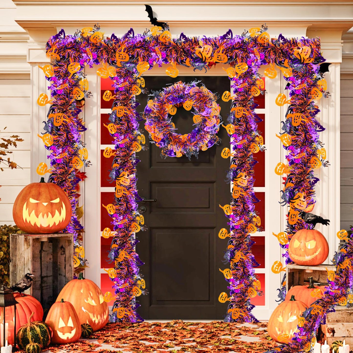 4 Strings Total 26.4 ft Halloween Tinsel Garlands – Each 6.6ft Black Orange Purple Bats Pumpkins Spiders Fringe Garland for Halloween Parties, Haunted House, and Spooky Decorations