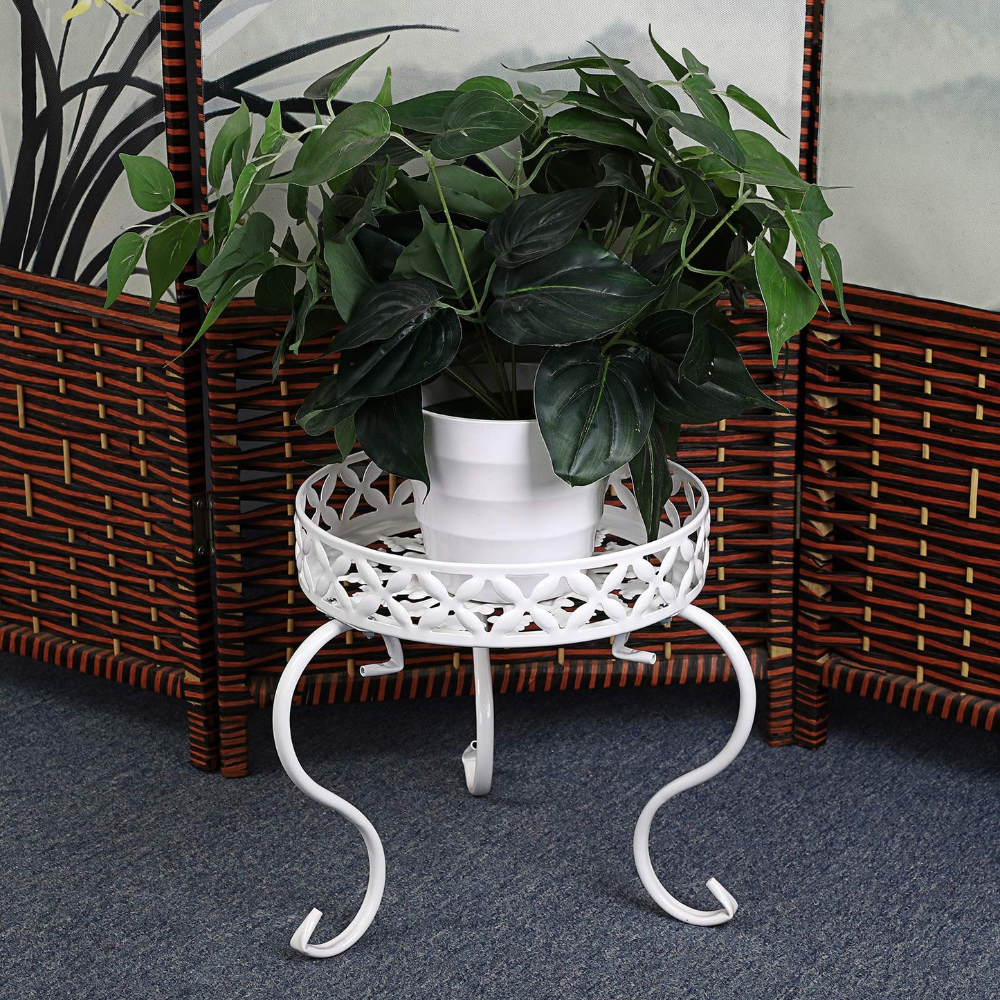 OwnMy Set of 2 Metal Round Plant Stand Rustproof Iron Flower Pot Holder, Modern Plant Display Potted Rack, Indoor Outdoor Plant Stand Heavy Duty Plant Holder for Home, Garden, Plant Lovers (White)