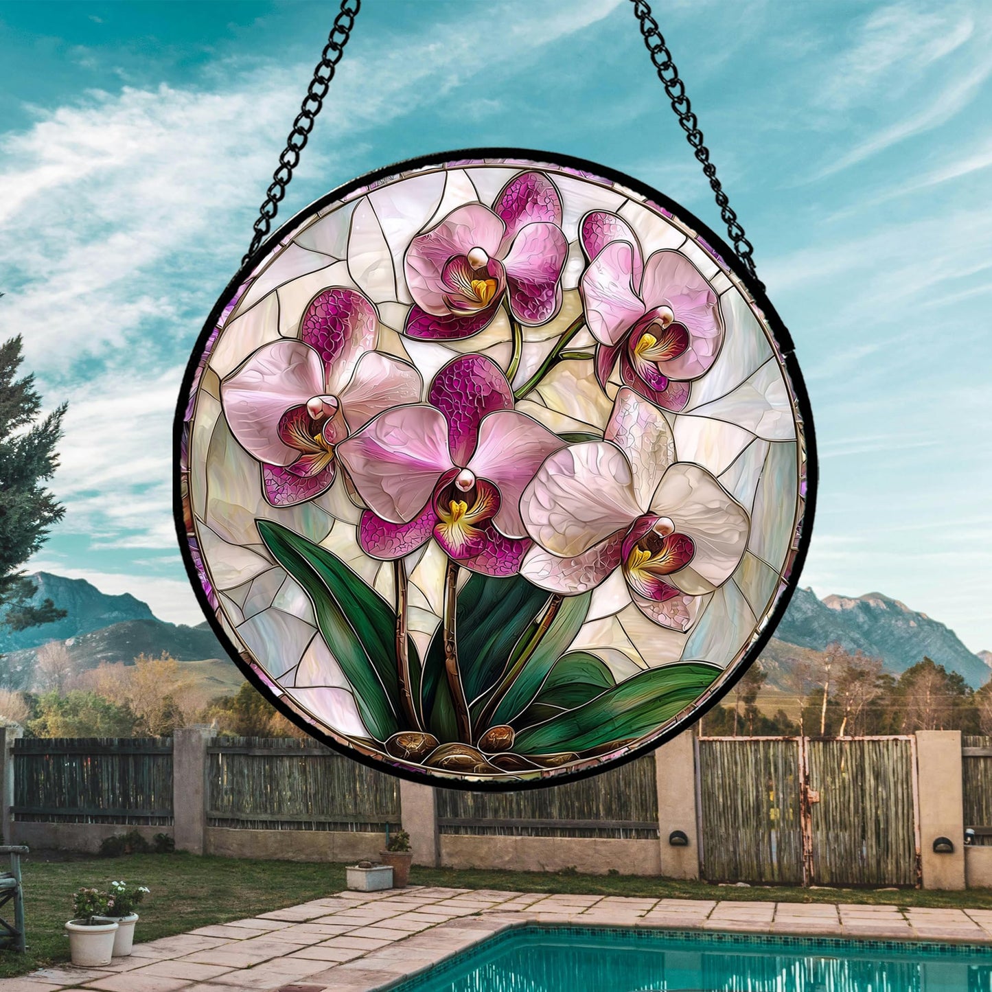 AMDERVEN Stained Glass Window Hanging - Pink Purple Phalaenopsis Flowers Sun Catcher for Door Home Decor Plant Suncatcher Christmas Mother's Day Birthday Gifts for Women Men Mom Nana 6.3 in