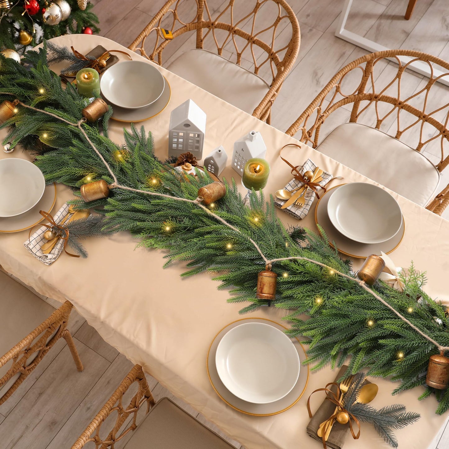 Fovths 9 Ft Christmas Garlands with Lights and Bells Real Touch Norfork Pine Garland Artificial Greenery Garlands for Christmas Mantle, Table Indoor Outdoor Decorations, Green