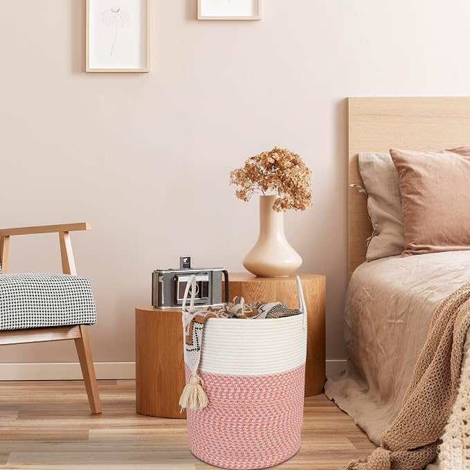XUANGUO Cotton Rope Laundry Basket Hamper for Clothes Woven Storage Basket for Living Room Bedroom Boho Tall Rope Baskets for Blanket Toys Pillow Towels Baby Nursery Hamper Bin Large (multicolor)