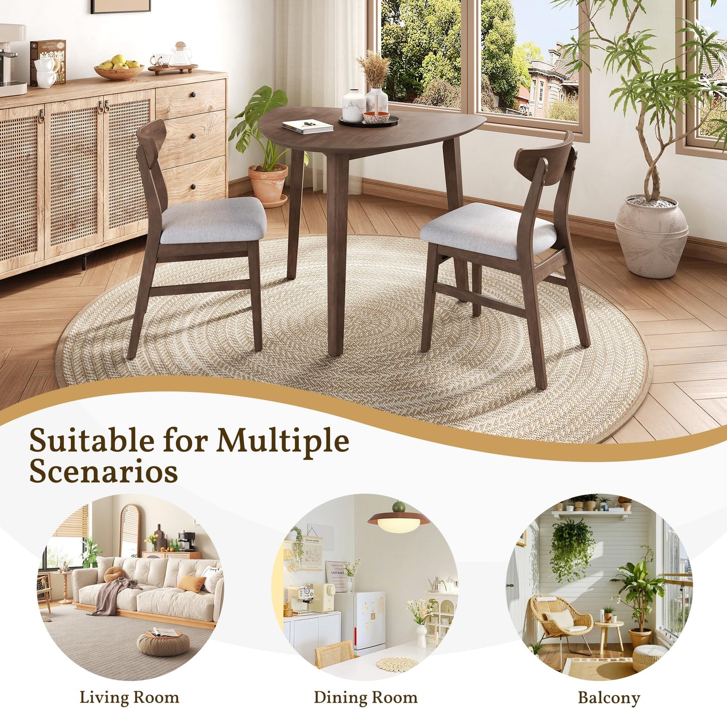 Merax 3-Piece Modern Dining Set, Triangular Side Table & 2 Curved Wood Chairs, Minimalist Space-Saver for Small Living Room, Kitchen, Easy Assembly, Brown