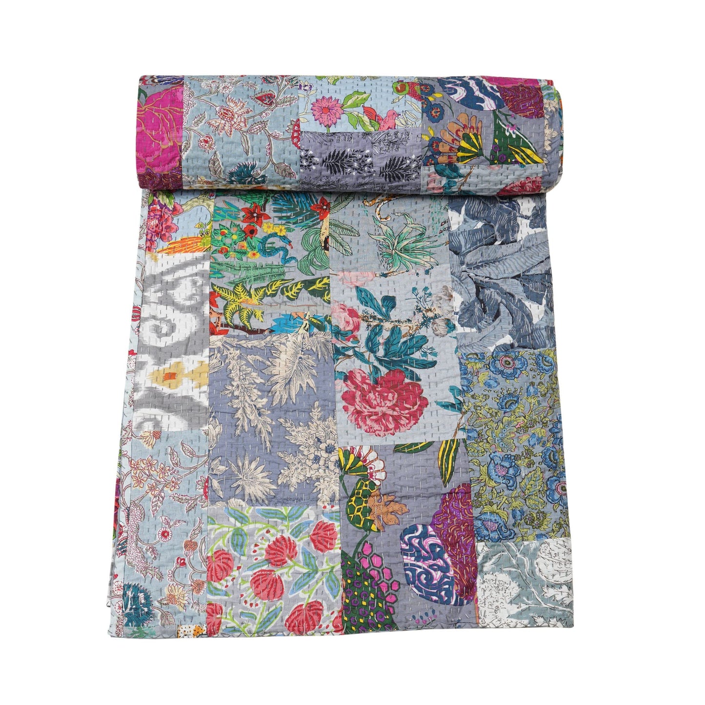 Marubhumi Indian Traditional Pure Cotton Patchwork Quilt, Paisley Print Kantha Quilt Multi Color (Multicolor-31, Twin (60"x 90"))