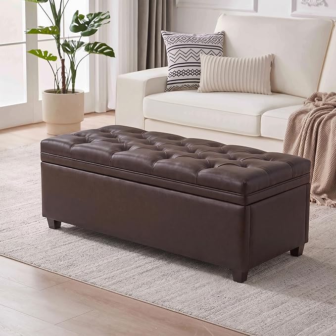 Mangodan 43" Storage Ottoman Bench, Tufted Ottoman with Storage for Living Room, Large End of Bed Ottomans, Modern Entryway Benchs, Window & Bedroom Benches for Foot of Bed (Faux Leather Dark Brown)
