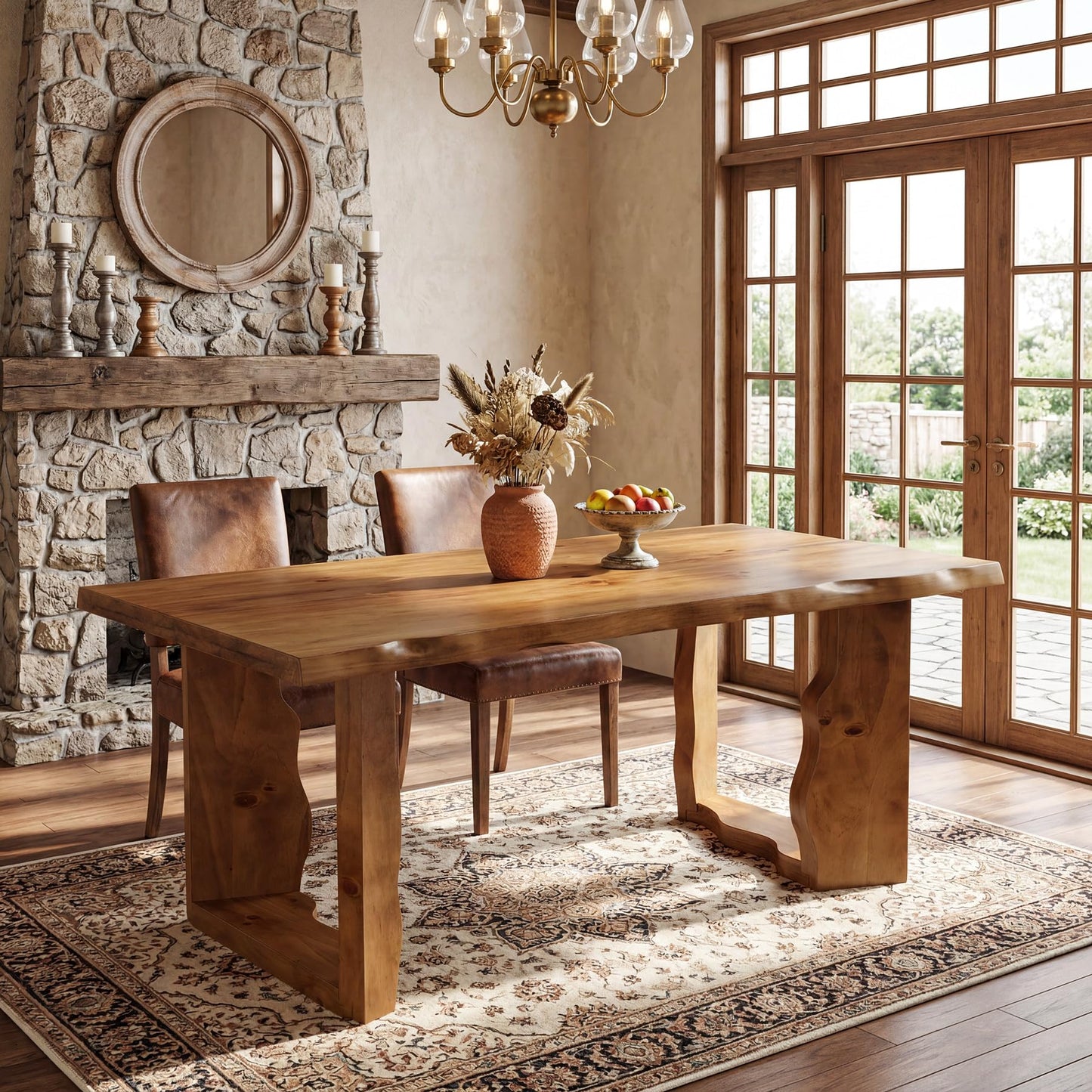 TRIBEWOOD 63" Live Edge Solid Wood Dining Table, Modern Rustic Kitchen Table with Sculptural Legs, 6-Person Rectangular Dinner Table for Dining Room, Kitchen,Natural Walnut Finish
