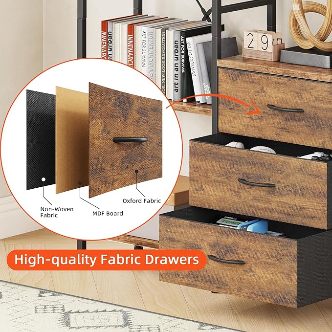 AFLUI Triple Bookshelf with 3 Fabric Drawers, 6-Tier Book Shelf and 10 Display Shelves, Industrial Large Bookcase for Home & Office, Rustic Brown, 47'' Wide