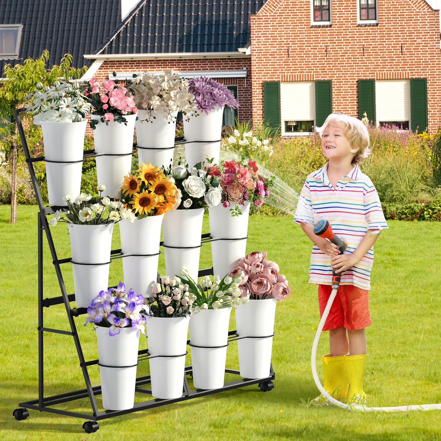 Invech Flower Display Stand with 12 Buckets and Wheels, 3 Tier Flower Cart Display Stand for Indoor Outdoor Garden, Wedding, Flower Shop (Black)
