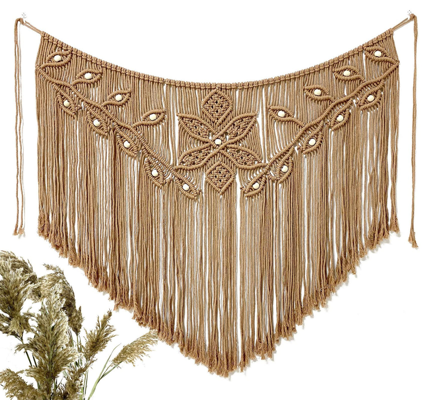 Youngeast Home Decor Leaf Shape Macrame Wall Hanging Woven Tapestry Bedroom Curtain Fringe Garland Banner Living Room Wall Decor Brown 39X31 inches