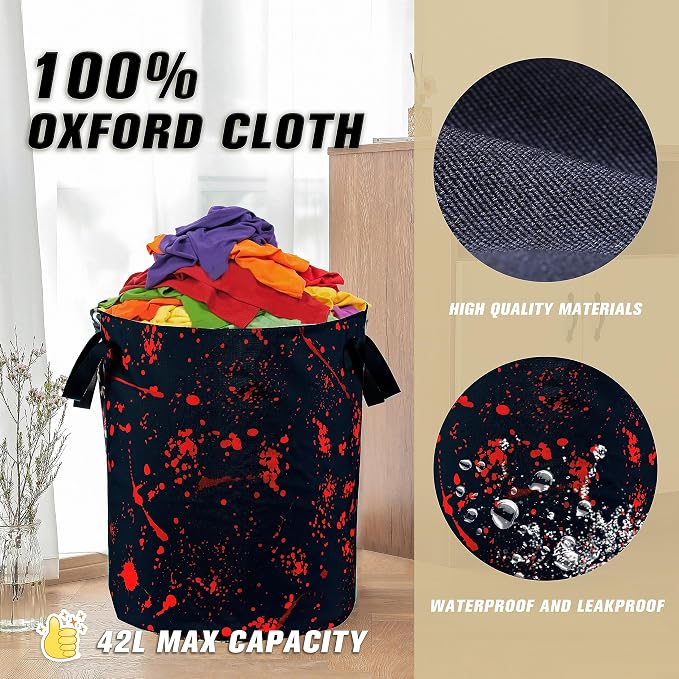 Blood Splattered Laundry Basket Blood Pattern Foldable Oxford Cloth Funny Tote Bag Laundry Hamper Clothes Storage Bucket Organizer For Bathroom/Laundry Storage/Bedroom 18.9x16.5 Inch