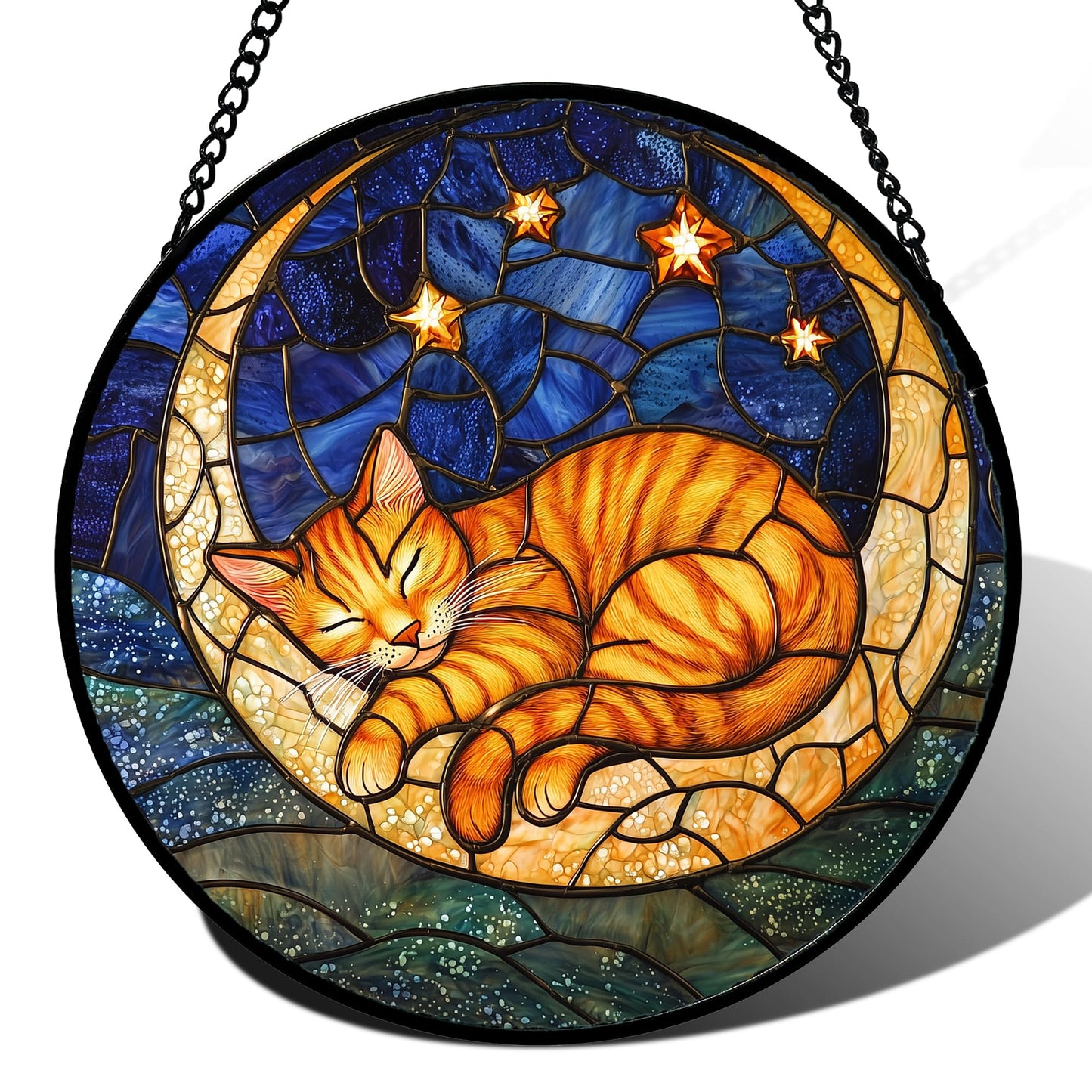 AMDERVEN Stained Glass Window Hanging - Orange Moon Sleeping Cat Sun Catcher for Door Home Decor Blue Starry Sky Suncatcher Christmas Mother's Day Birthday Gifts for Women Men Mom Nana 6.3 in