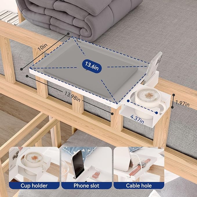 Metal Bedside Shelf Table Tray with Cup Holder, Foldable Bed Side Table for Bunk Bed & Top Bunk, College Dorm Room Essentials for Guys & Girls, Clip-on Laptop Nightstand for IKEA Beds, White