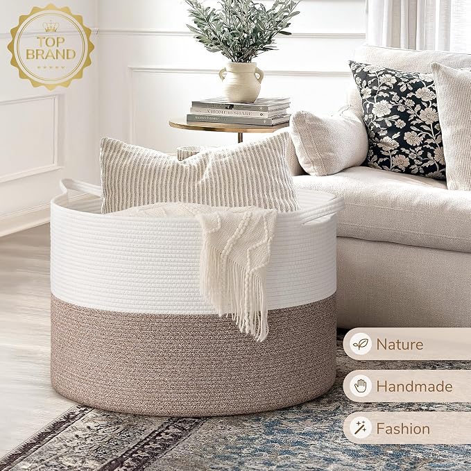INDRESSME 115L Extra Large Blanket Basket, Soft Cotton Rope Storage Basket for Organizing, Home Decor, Toys, Laundry & Towels, Toy Storage Organizer for Living Room & Nursery, White & Brown