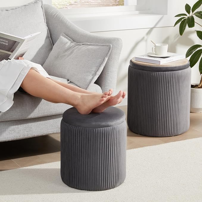 Royal Windsor Round Ottoman with Storage Set of 2,Vanity Stool with Storage for Bedroom, Ottoman Coffee Table,Small Velvet Foot Stool for Living Room,Grey