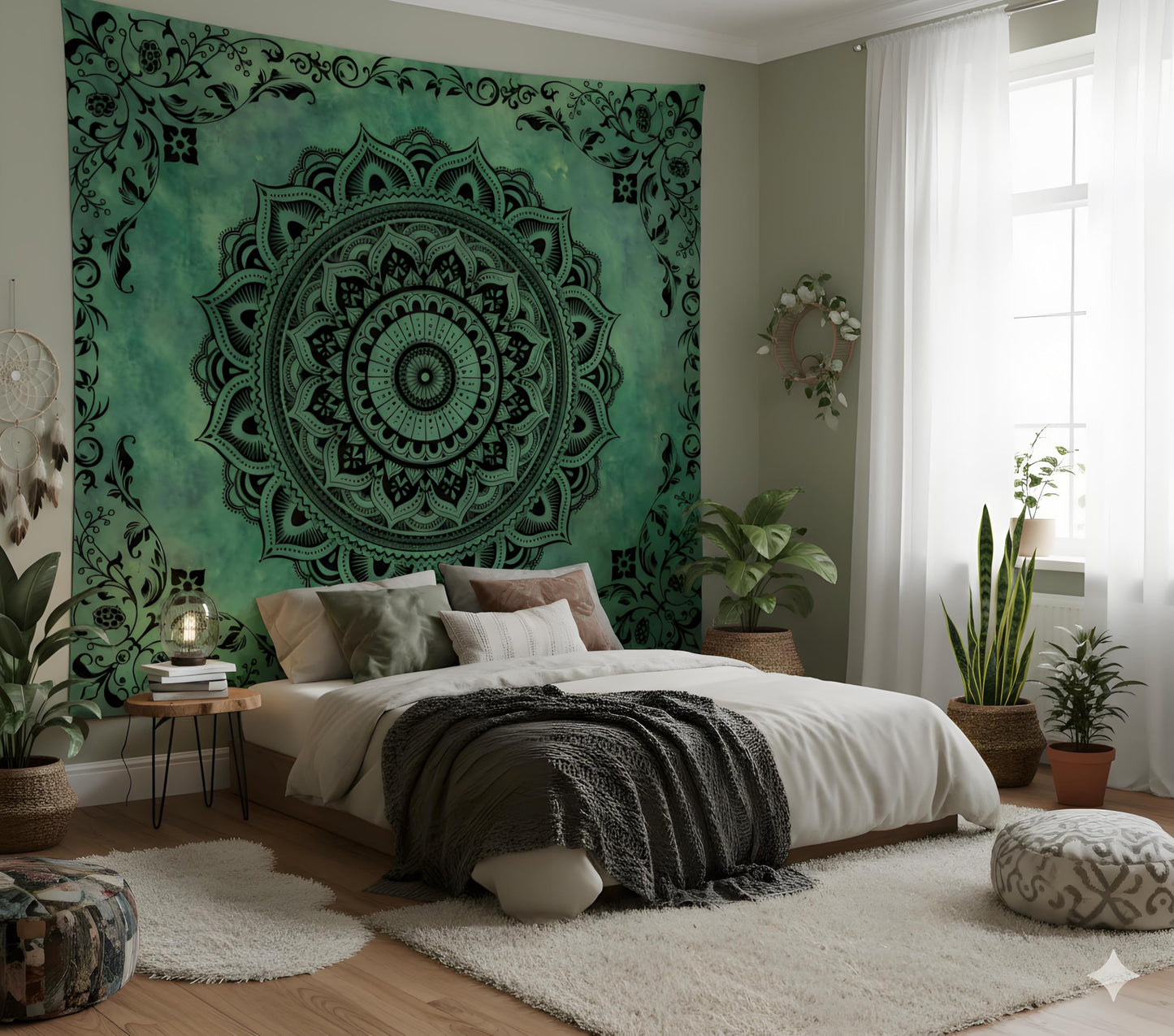 Tichgeim Green Mandala Tapestry for Bedroom Aesthetic, Boho Hippie Ceiling Art Decor Tapestries, Bohemian y2k Floral Backdrop Wall Hanging for Teen Girls Dorm Living Room (51"X60")