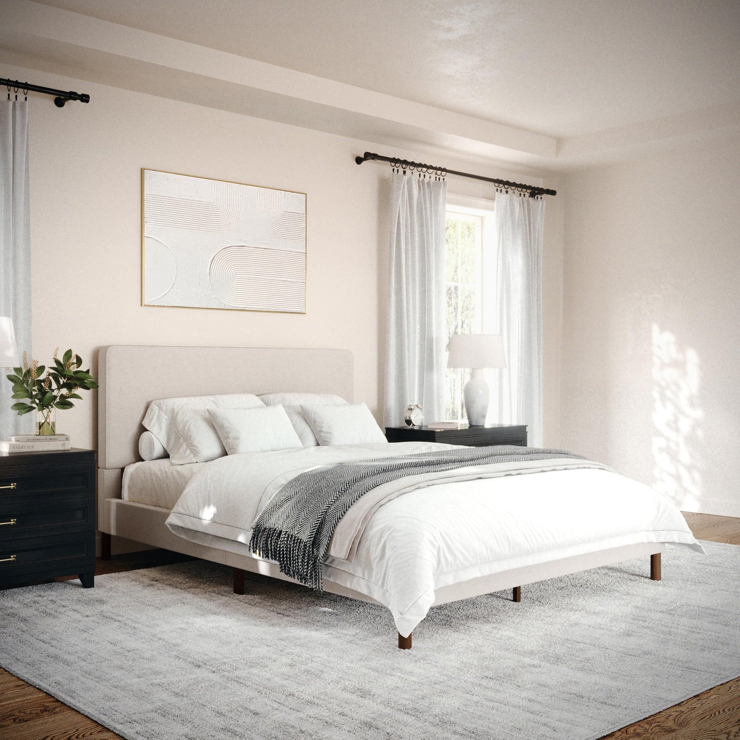 Martha Stewart Britta Platform Bed with Headboard & Footboard, Faux Linen Upholstery with Piping Detail, Rounded Headboard, No Box Spring Needed, Queen, Beige