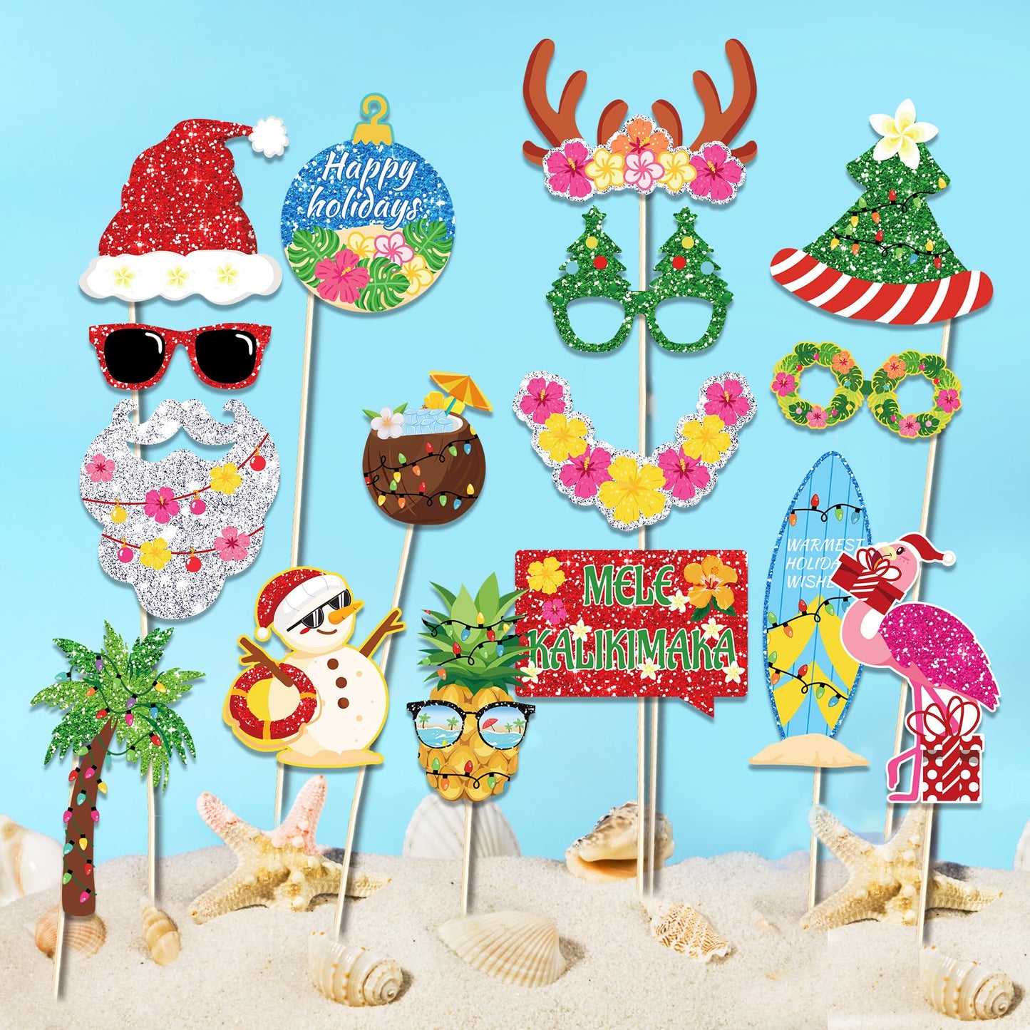 25-Piece Funny Tropical Christmas Photo Booth Props Kit - Beach Santa Holiday Party Supplies for Adults, Hawaiian Luau, Holiday Beach Party Decorations with Sticks & Stickers