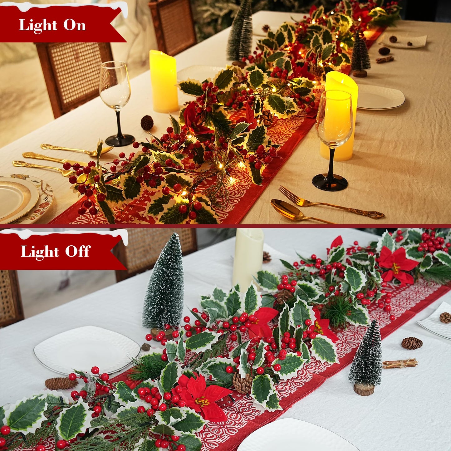 2pcs Christmas Garland with 20 LED Lights-6.5Ft Garland Christmas Decorations Indoor Multiple Mode Poinsettia Holly Per-Lit Christmas Garlands Battery Operated Garland for Mantel Stair Fireplace