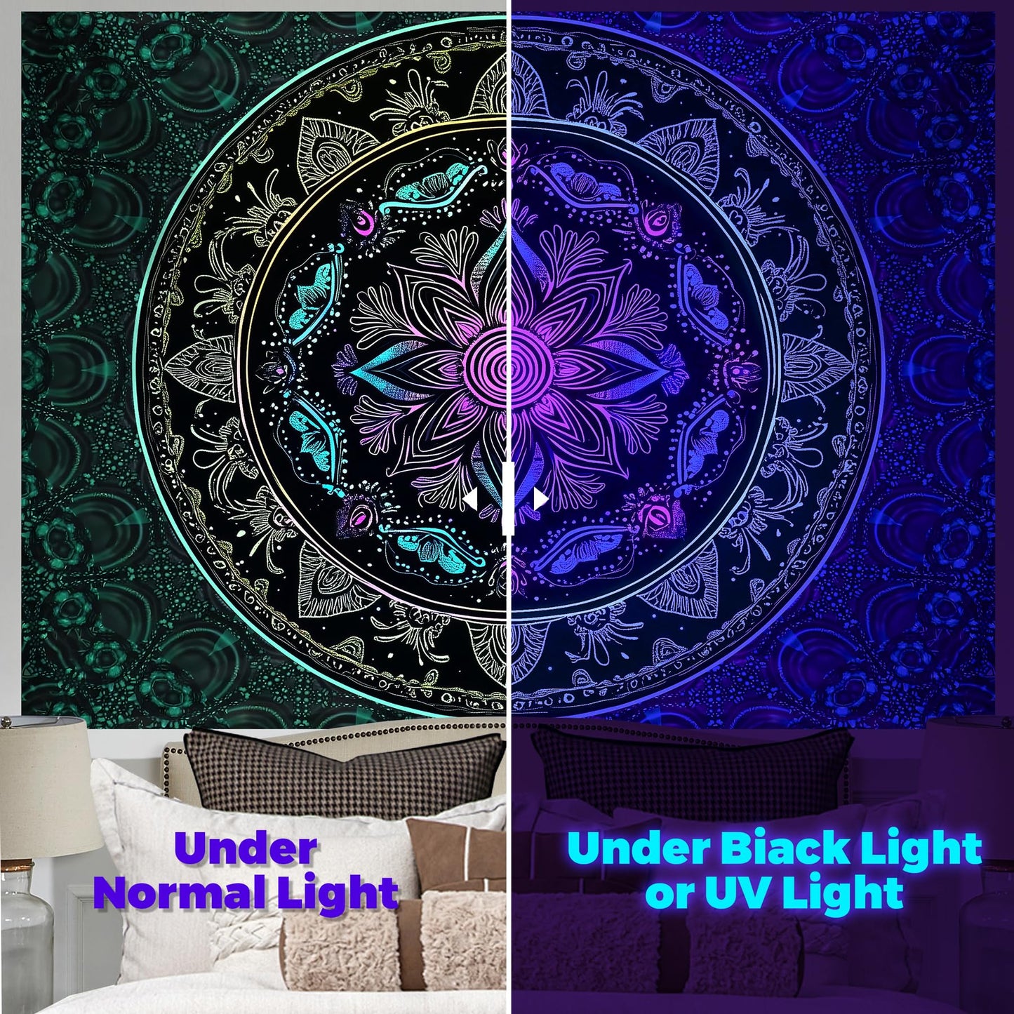 NYZE Blacklight Mandala Tapestry Wall Hanging Bohemian Wall Decor Psychedelic Peacock Indian Hippie Wall Art Boho College Dorm Beach Throws Table Cloth Bedding Tapestry 79×59in