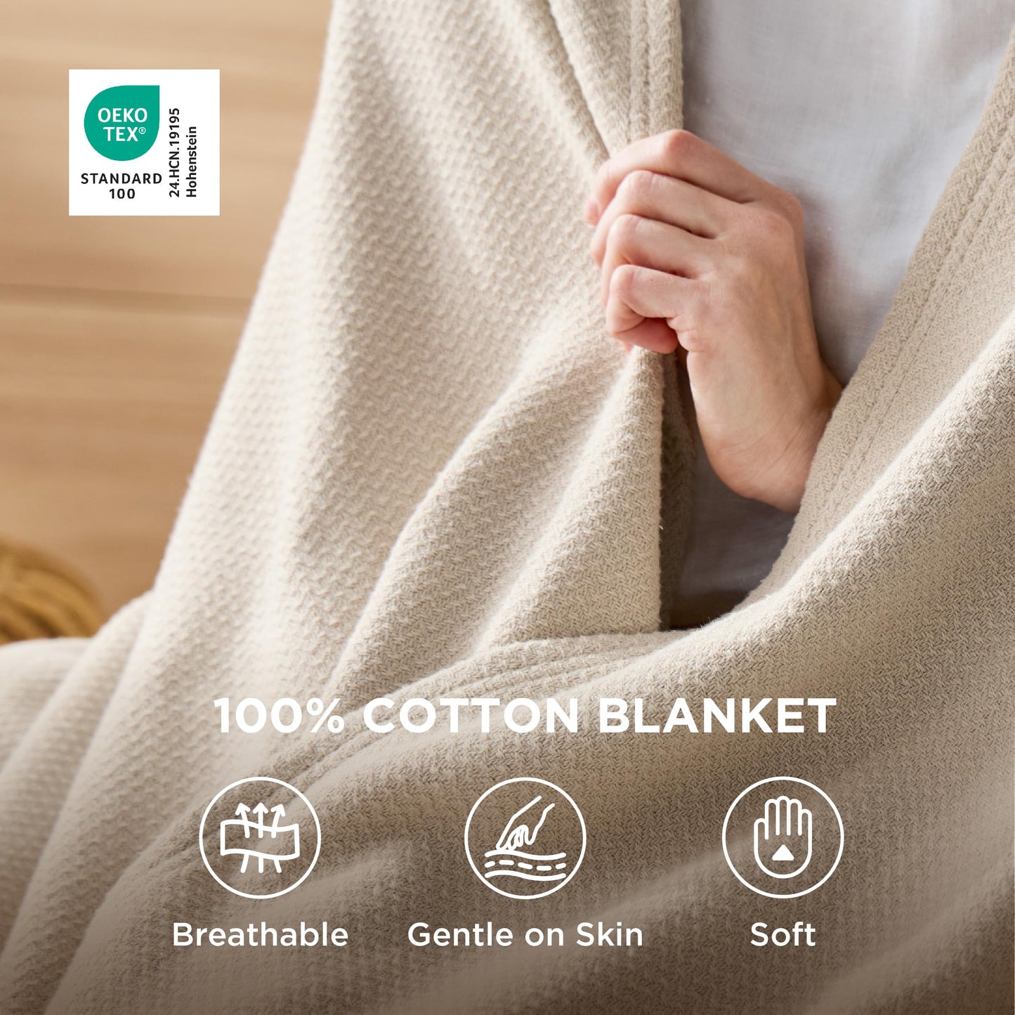 Bedsure GentleSoft 100% Cotton Blanket Queen Size for Bed - Breathable and Lightweight, Soft Cozy Textured Herringbone Woven Blanket for Summer Spring, Home Room Decor, Linen Beige, 90x90 inches