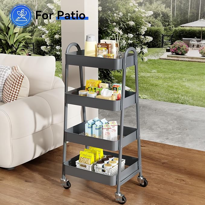 OLIXIS Metal 4 Tiers Utility Rolling Cart, Mobile Storage Shelf with Lockable Caster Wheels, Organization for Livingroom, Bathroom & Narrow Places, 4-Tier Gray