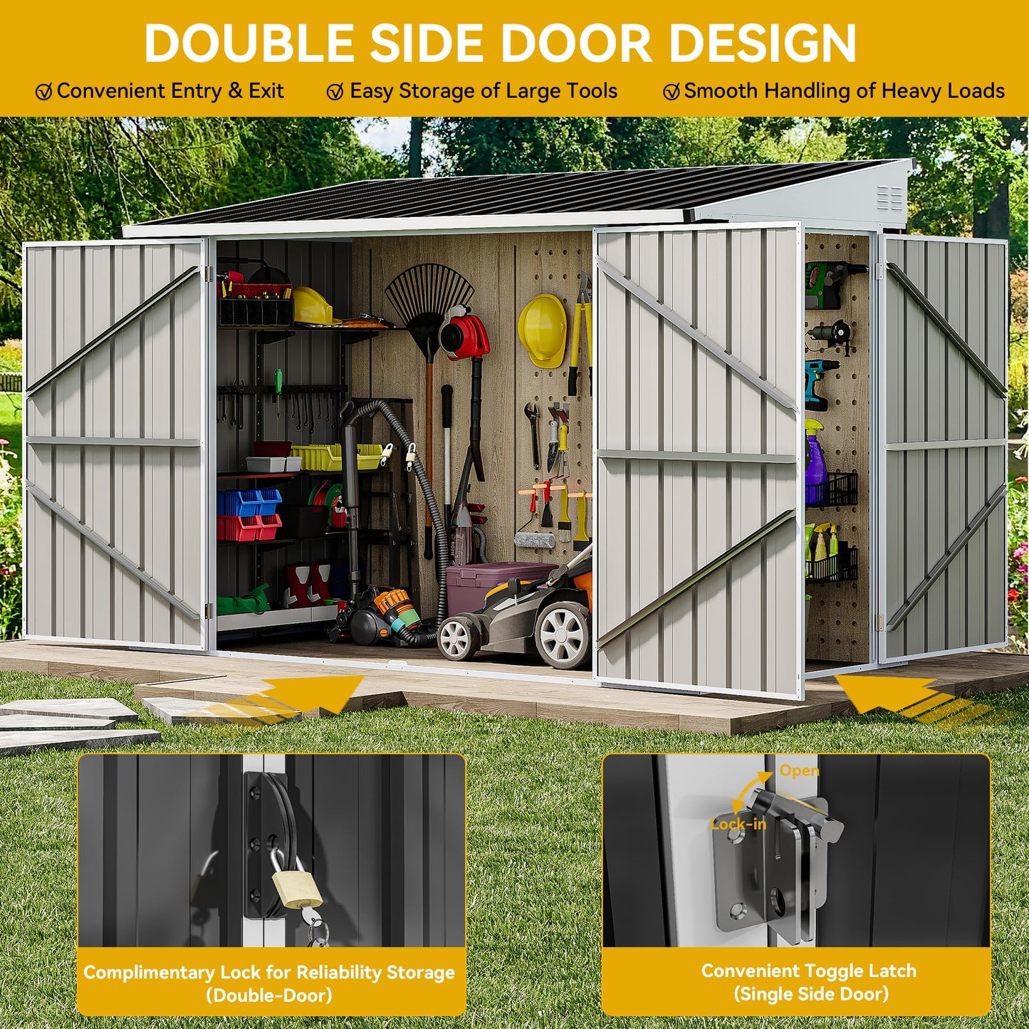 DWVO 7x4 FT Outdoor Weatherproof Storage Shed, Secure Metal Bike Shed w/Lockable Entry, Garden Storage Solution for Lawn Equipment, Tools, Waste Bin, Dark Gray