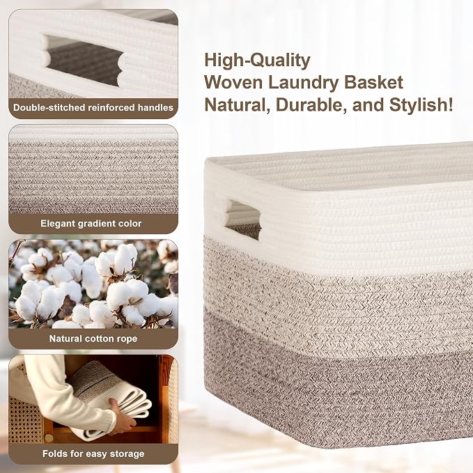 60L Laundry Basket with Leather Handles for Living Room Storage, Woven Rope Baskets Bin for Blanket, Kids Toy, Gifts, Wicker Hamper for Bedroom Dirty Clothes, Gradient Brown