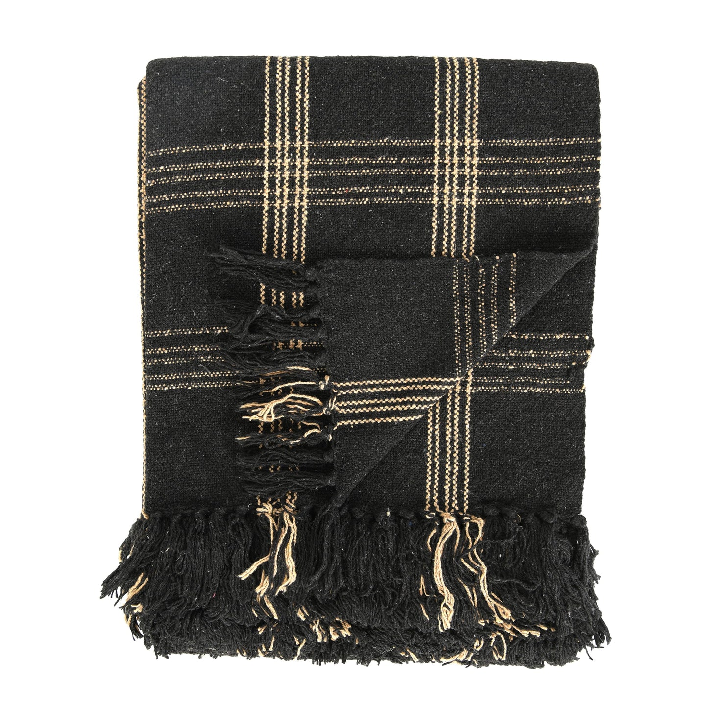 Plaid Black & Tan Fringed Woven Cotton Blend Throw