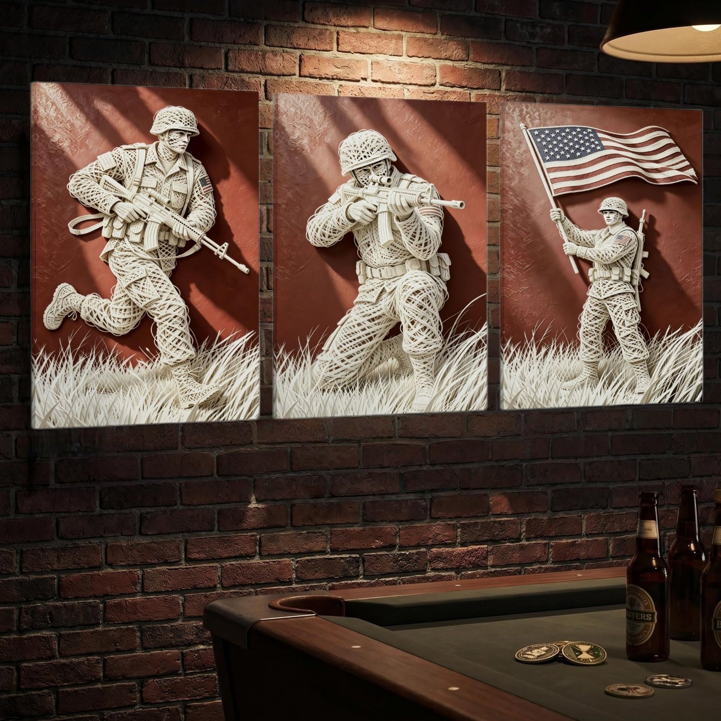 DIIMOST 3 Piece Faux Wire Art US Soldier Canvas Triptych, Patriotic Military Decor Set for Large Wall, Living Room, Office & Veteran Gift，(16×24inch*3)