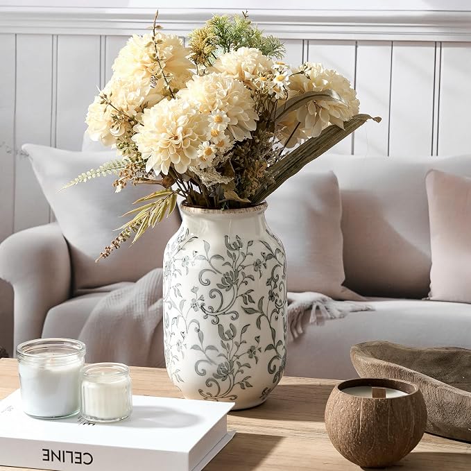SIDUCAL Ceramic Vintage Vase, 8.78 Inch Chinoiserie Floral Vase, Retro Ice Cracked Rustic Farmhouse Vases for Home Decor, Living Room, Bookshelf, Office, Tuscan Decor, Gray Floral Pattern
