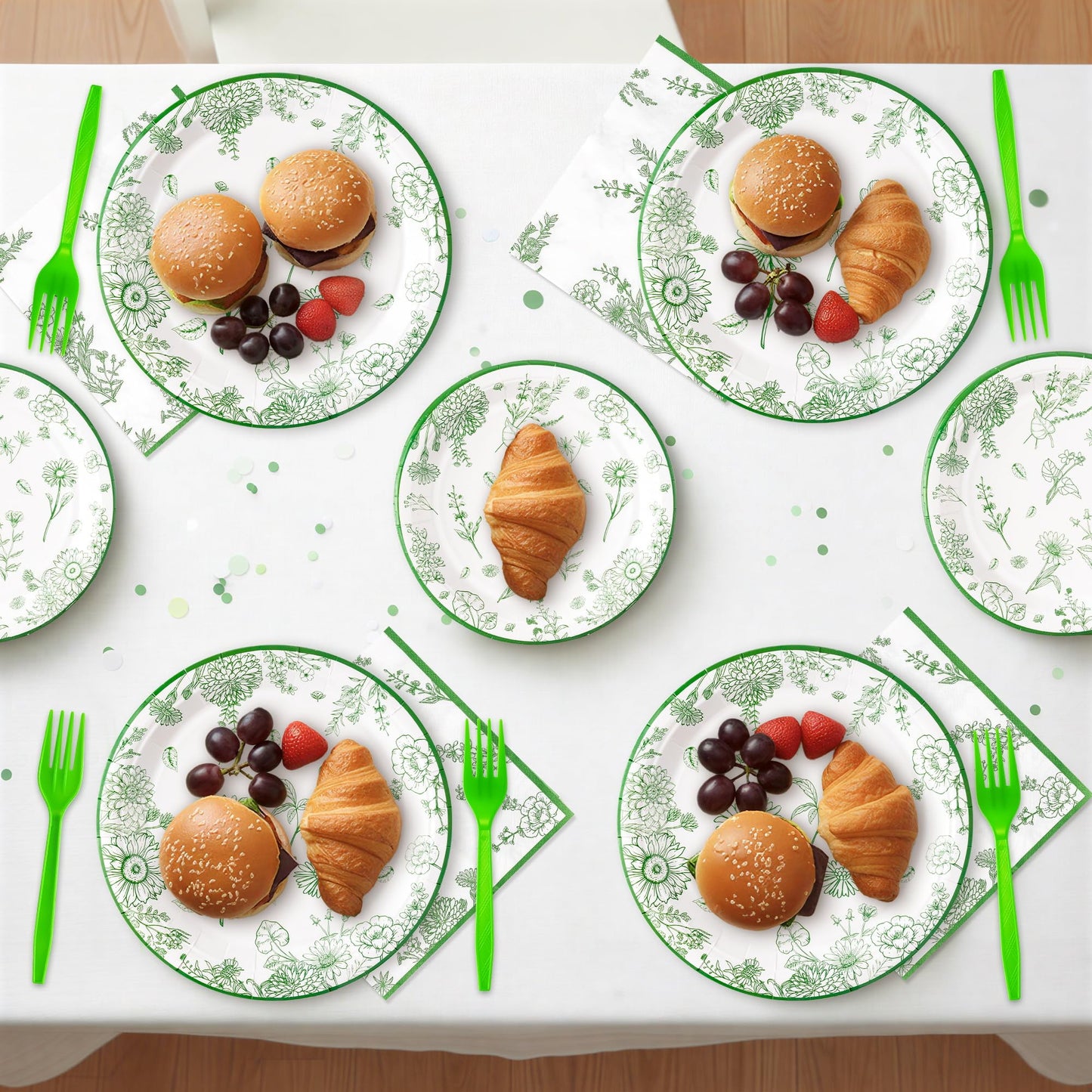 G1ngtar 96Pcs Sage Green Floral Party Plates Supplies Green Toile Chinoiserie Flower Tableware Decorations Disposable Paper Plates Napkins Forks for Birthday Spring Summer Party Wedding, Serves 24