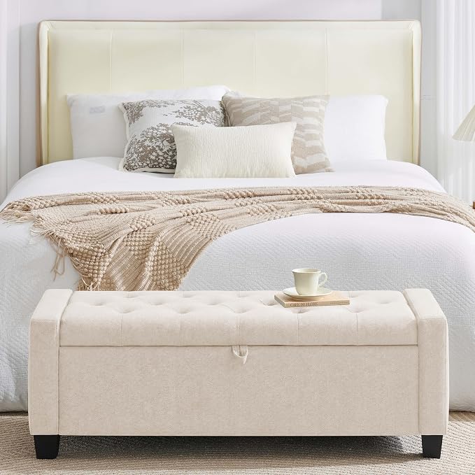 Huatean Home 43" Ottoman with Storage, Storage Ottoman Bench with Safety Hinge, Upholstered Entryway Bench with Seating for Bedroom, Living Room, Holds up to 330 lb, Beige