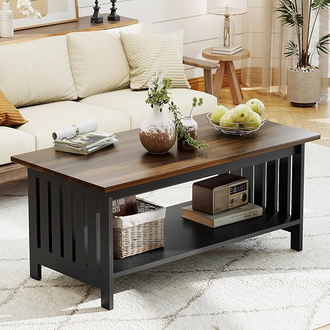 YOSHOOT 39.4" Farmhouse Coffee Table, Small Coffee Tables for Living Room | Black, 2 Tier Coffee Table with Storage, Tea Table for Living Room Bedroom Small Space