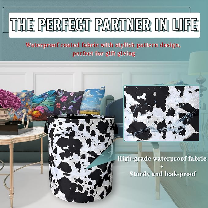 Retro Black White Cows Print Laundry Basket Foldable With Handles CowTote Bag Oxford Cloth Animal Laundry Hamper Clothe Storage Bucket Toy Organizer 18.9"x16.5"For Bathroom/Laundry/Bedroom