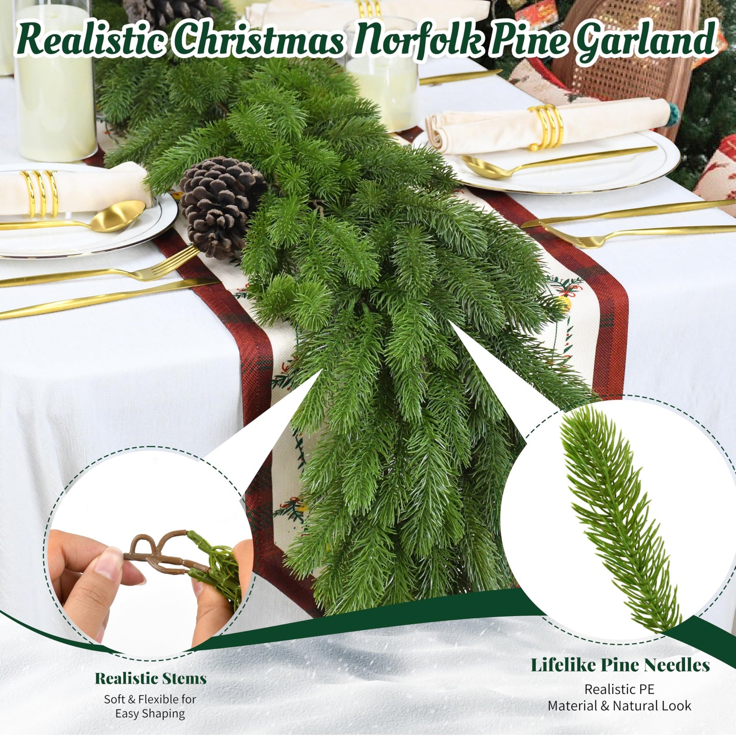 Palonu 1 Pack 9 Ft Artificial Christmas Norfolk Garland, Faux Green Cedar Touch Like Real Pine Needles, Fake Winter Greenery Decoration for Indoor Outdoor Xmas Fireplace Table Mantle Stairs Decor