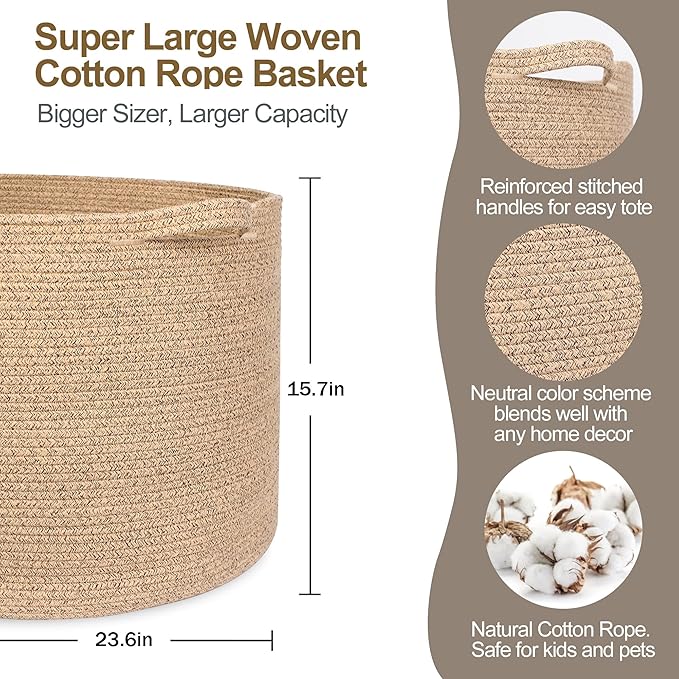 MEGASKET 115L Wicker Storage Basket, 23.6"x15.7" Woven Cotton Rope Basket, Giant Kids Dog Toy Bin Organizer, XXXL Blanket Pillow Holder for Living Room, Brown Variegated Wicker Baskets for Organizing