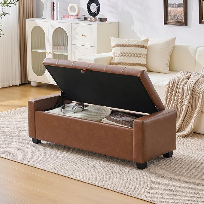 Huatean Home 48" Ottoman with Storage, Storage Ottoman Bench with Safety Hinge, Upholstered Entryway Bench with Seating for Bedroom, Living Room, Holds up to 330 lb, Brown