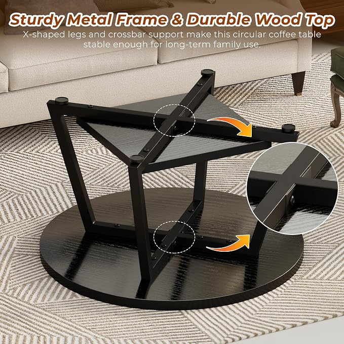 Round Coffee Table for Living Room, 27.6“ Circle Coffee Table, 2-Tier Industrial Coffee Tables with Storage, Wood Coffee Table, Modern Accent Table for Apartment, Office, Small Space, Black