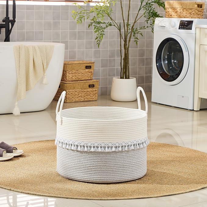 KAKAMAY Cotton Rope Storage Basket (20"x13"),Woven Hamper for Blankets,Toys,Pillows,Clothes,Laundry,Sturdy Handles Decorative Basket for Living Room, Bedroom,Nursery(Grey/Black)