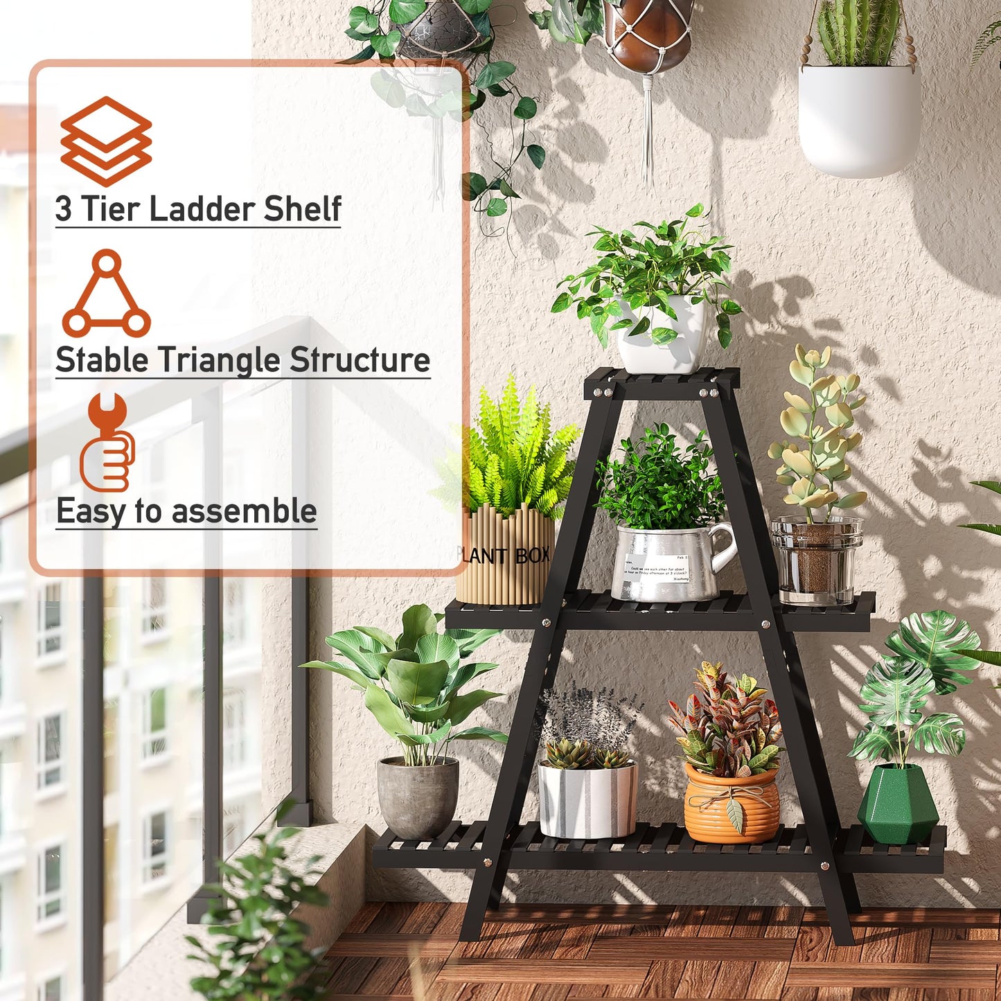 GHWIE Plant Stand Indoor Plant Shelf Outdoor bamboo Plant Rack, 3 Tiers Ladder Plant Holder Flower Stand for Living Room Balcony Garden Patio,Living Room Boho Home Decor for Gardening Gifts (Black)
