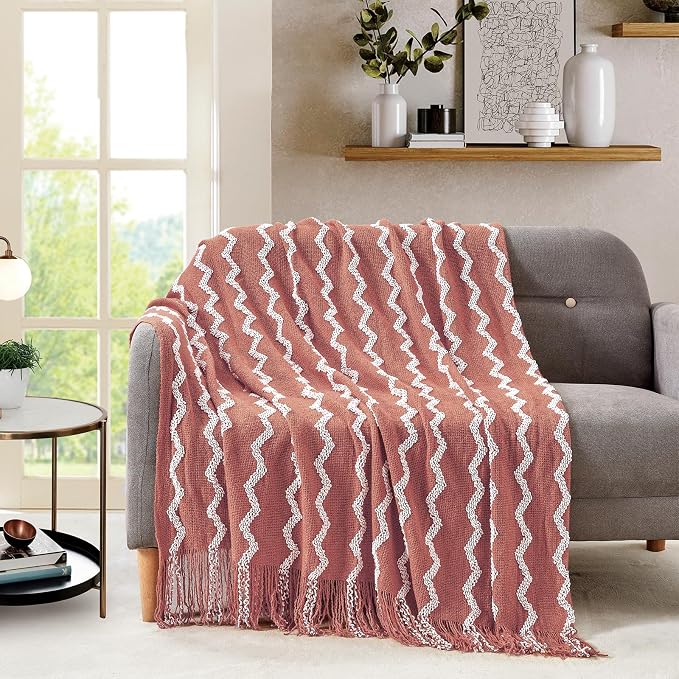 BOURINA Fluffy Chenille Knitted Fringe Throw Blanket Lightweight Soft Cozy for Bed Sofa Chair Throw Blankets, Coral Pink 50" x 60"