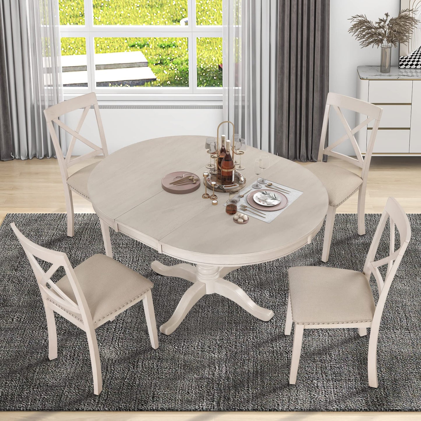 GDFStudio Modern Round Dining Table Set for 4, 5-Piece Kitchen Table with Extendable Oval Top and 4 Solid Wood Chairs, Small Space Furniture for Dining Room, Breakfast Nook, Dinette, Antique White