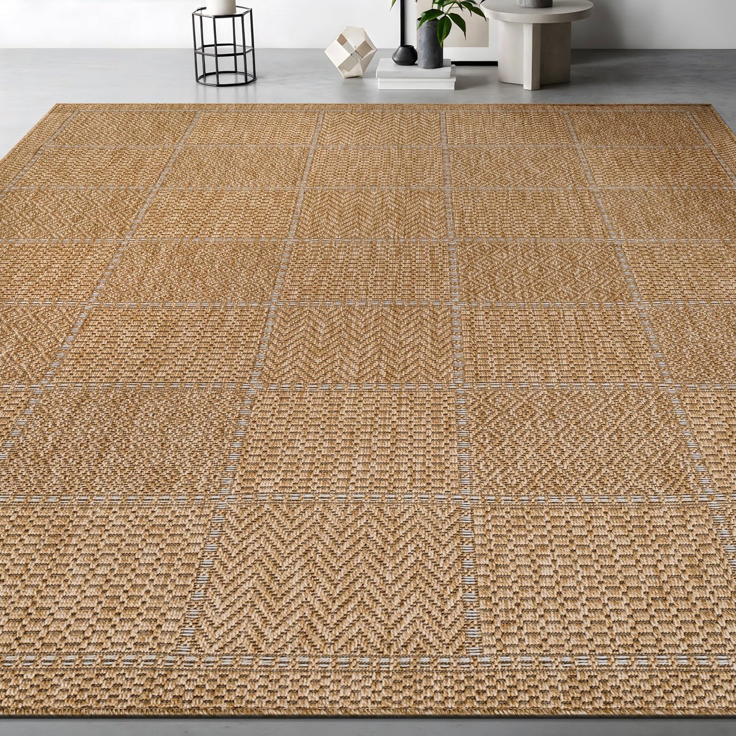 Beverly Rug Easy Jute Checkered Squared Rug 9x12 Washable Large Indoor Outdoor Area Rugs for Living Dining Room Patio Office Stain Resistant Non Shedding Casual Indoor Outside Carpet 9 x 12 Natural